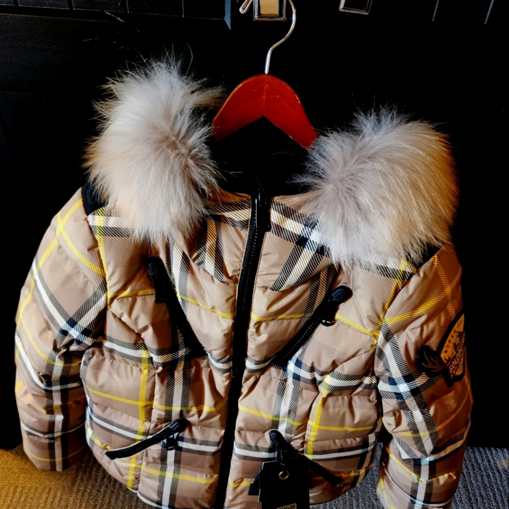 New Goldbergh hooded down jacket mink collar. Gold Tan with black, bright yellow